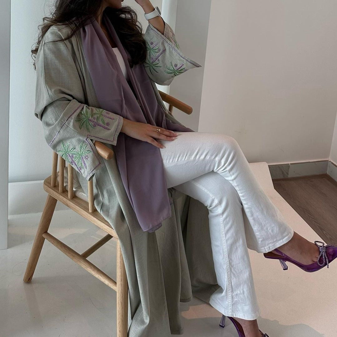 Pea Green Embroidered Abaya Cardigan - Try Modest Limited