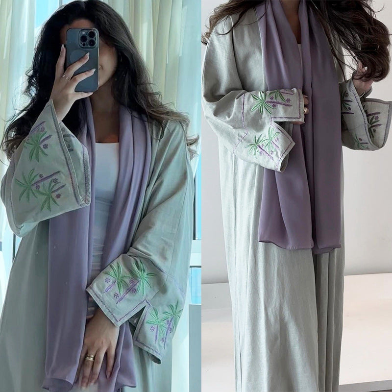 Pea Green Embroidered Abaya Cardigan - Try Modest Limited