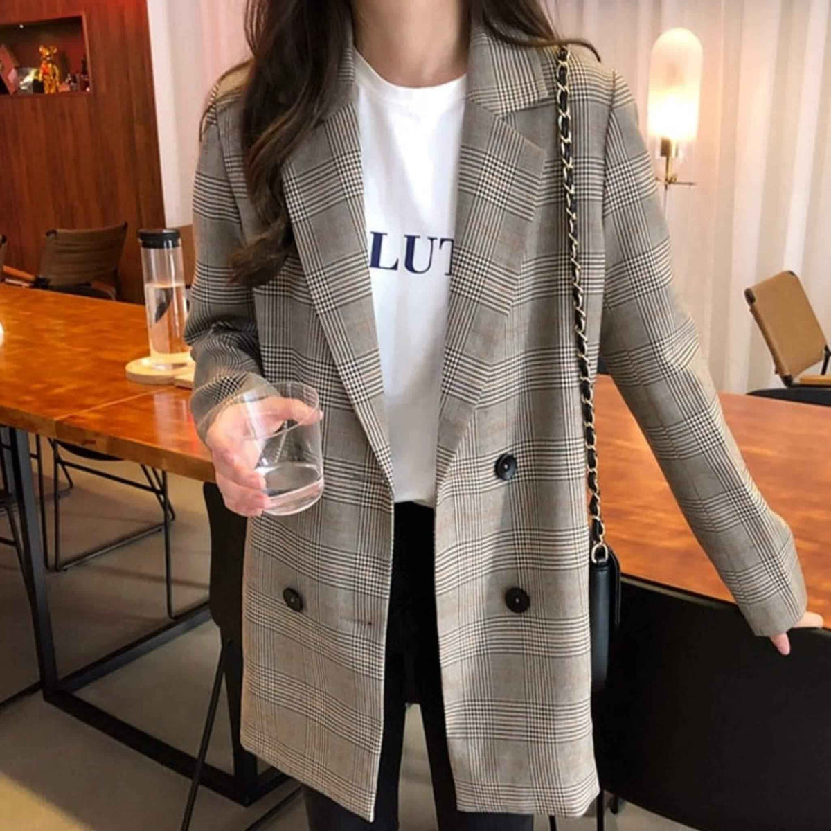 Plaid pattern-Notched Collar office blazer - Try Modest Limited