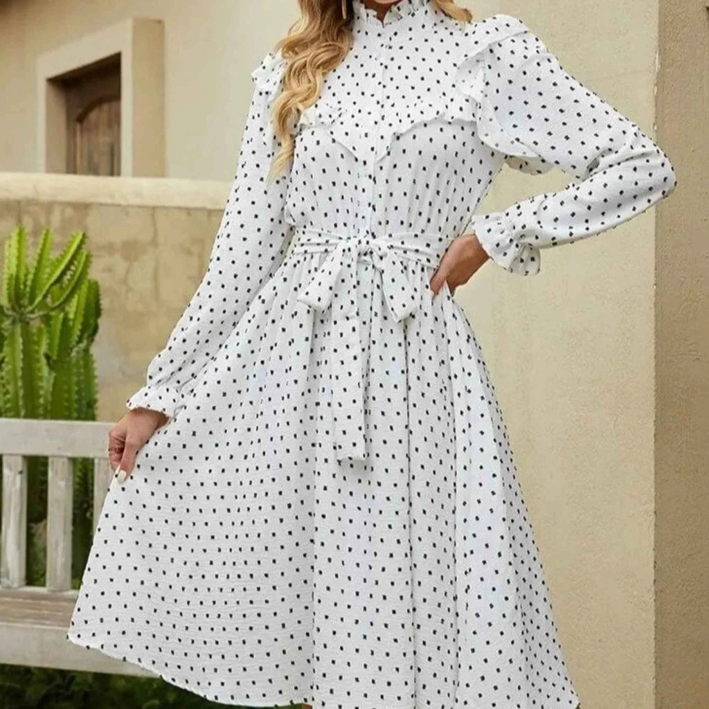 Polka dot A line dress- Full sleeve autumn dress - Try Modest Limited