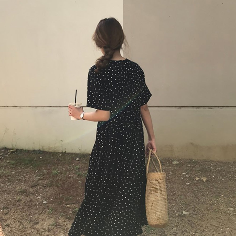 Polka dot summer vintage style O-Neck dress - Try Modest Limited