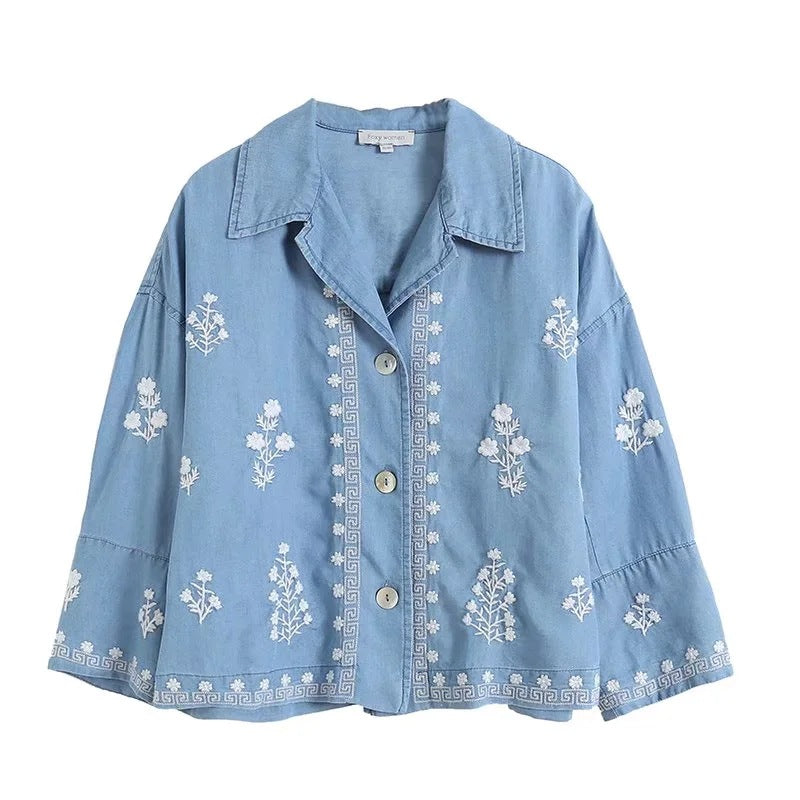 Retro Embroidered Tencel Cotton Denim Shirt - Try Modest Limited 