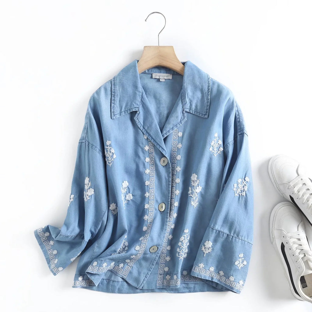 Retro Embroidered Tencel Cotton Denim Shirt - Try Modest Limited