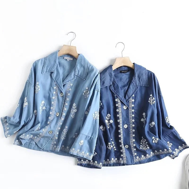 Retro Embroidered Tencel Cotton Denim Shirt - Try Modest Limited 