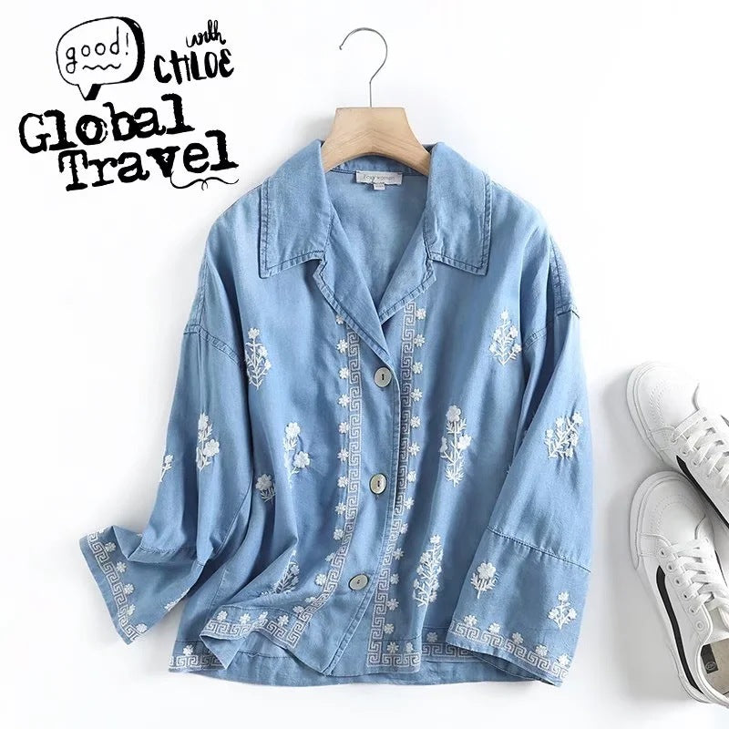 Retro Embroidered Tencel Cotton Denim Shirt - Try Modest Limited 