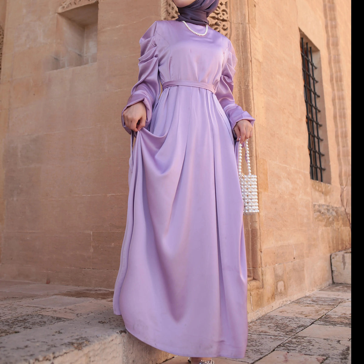 Ribbon-style evening dress with Balloon sleeve - Try Modest Limited