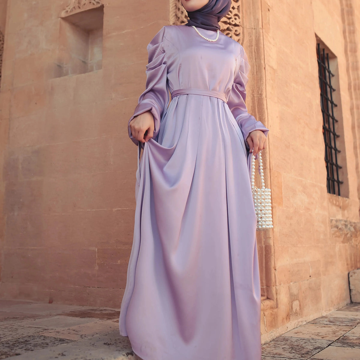 Ribbon-style evening dress with Balloon sleeve - Try Modest Limited