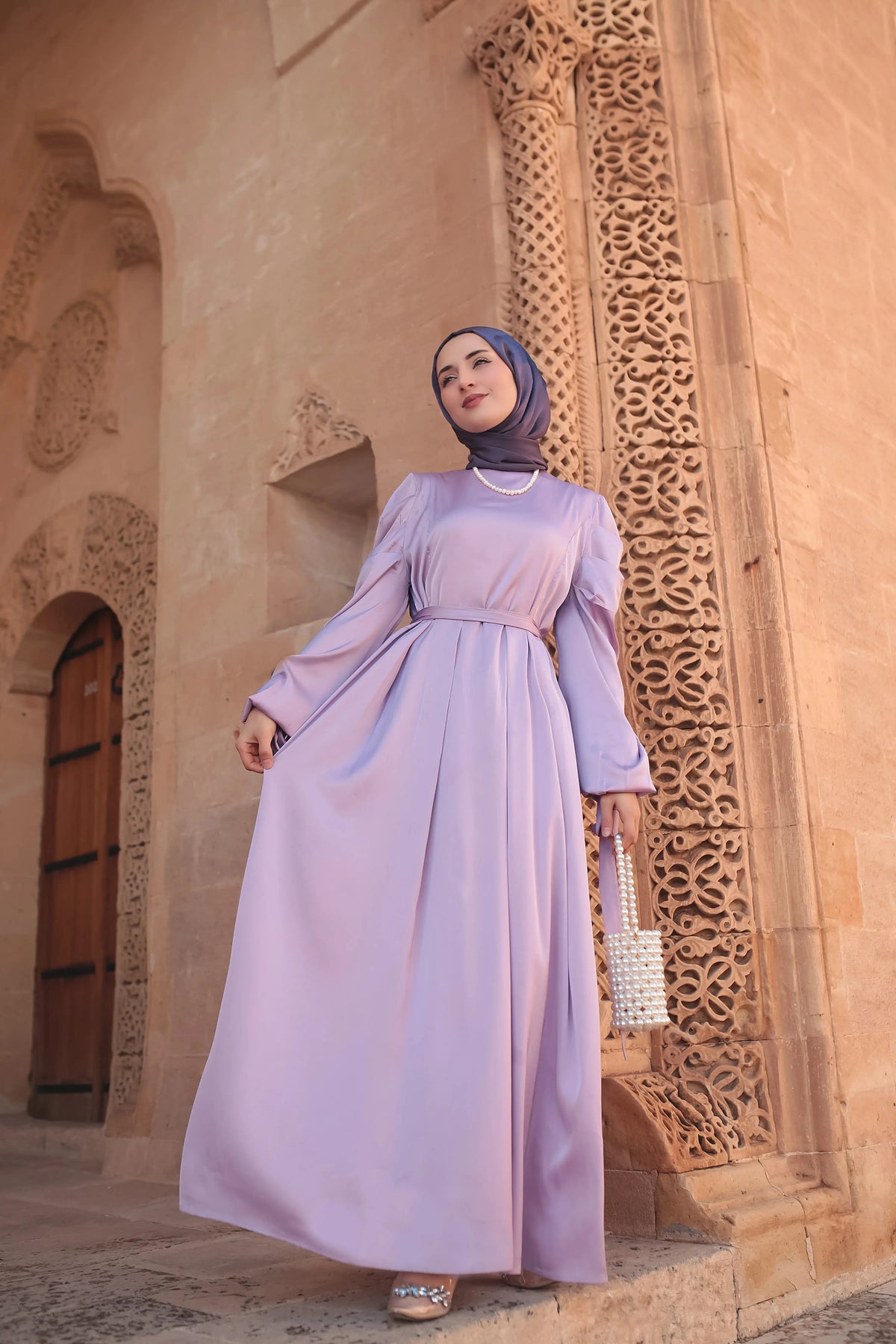 Ribbon-style evening dress with Balloon sleeve - Try Modest Limited