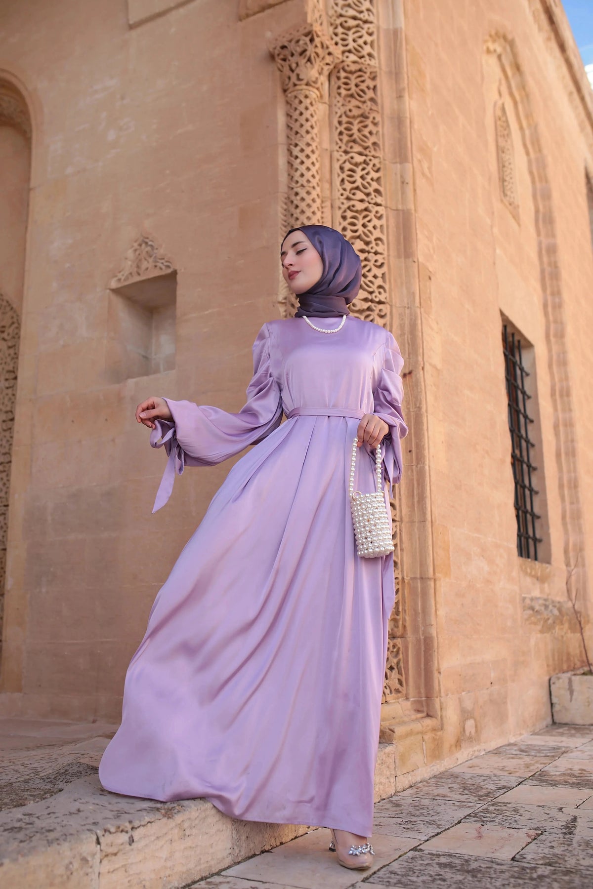 Ribbon-style evening dress with Balloon sleeve - Try Modest Limited