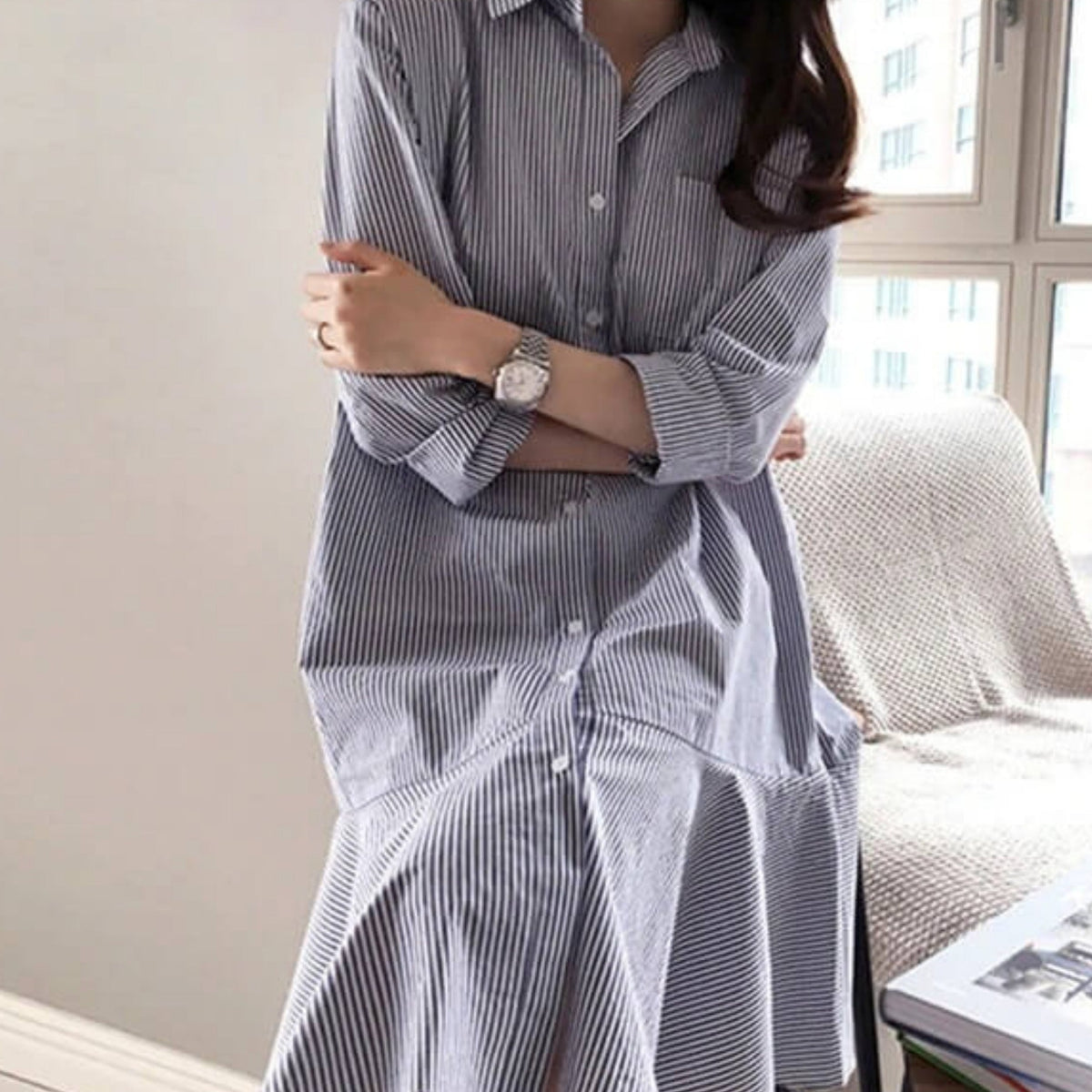 Striped ruffle Long sleeve Summer dress for Women - Try Modest Limited