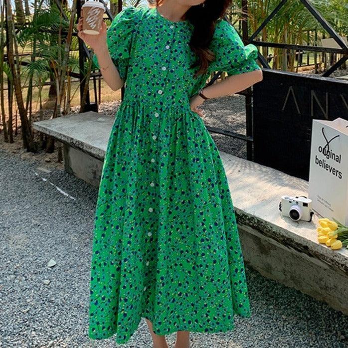 modest short sleeve dresses Jaydrien Green Floral Short Sleeve Midi Dress, Medium