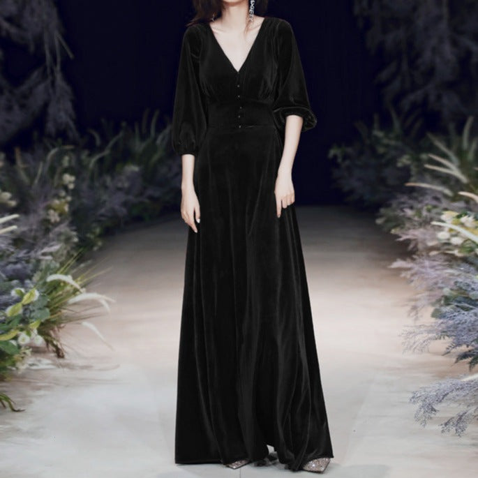 Velvet Evening Gown with Three Quarter Sleeves - Try Modest Limited