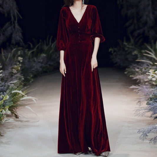 Velvet Evening Gown with Three Quarter Sleeves - Try Modest Limited 