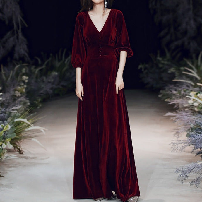 Velvet Evening Gown with Three Quarter Sleeves - Try Modest Limited