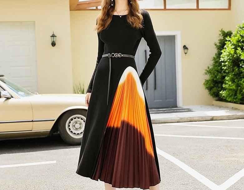 Winter O-Neck pleated full sleeve black dress for Women - Try Modest Limited