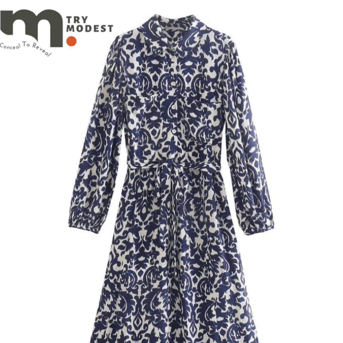 Women's Fashion Blue & White- Dresses - Try Modest Limited