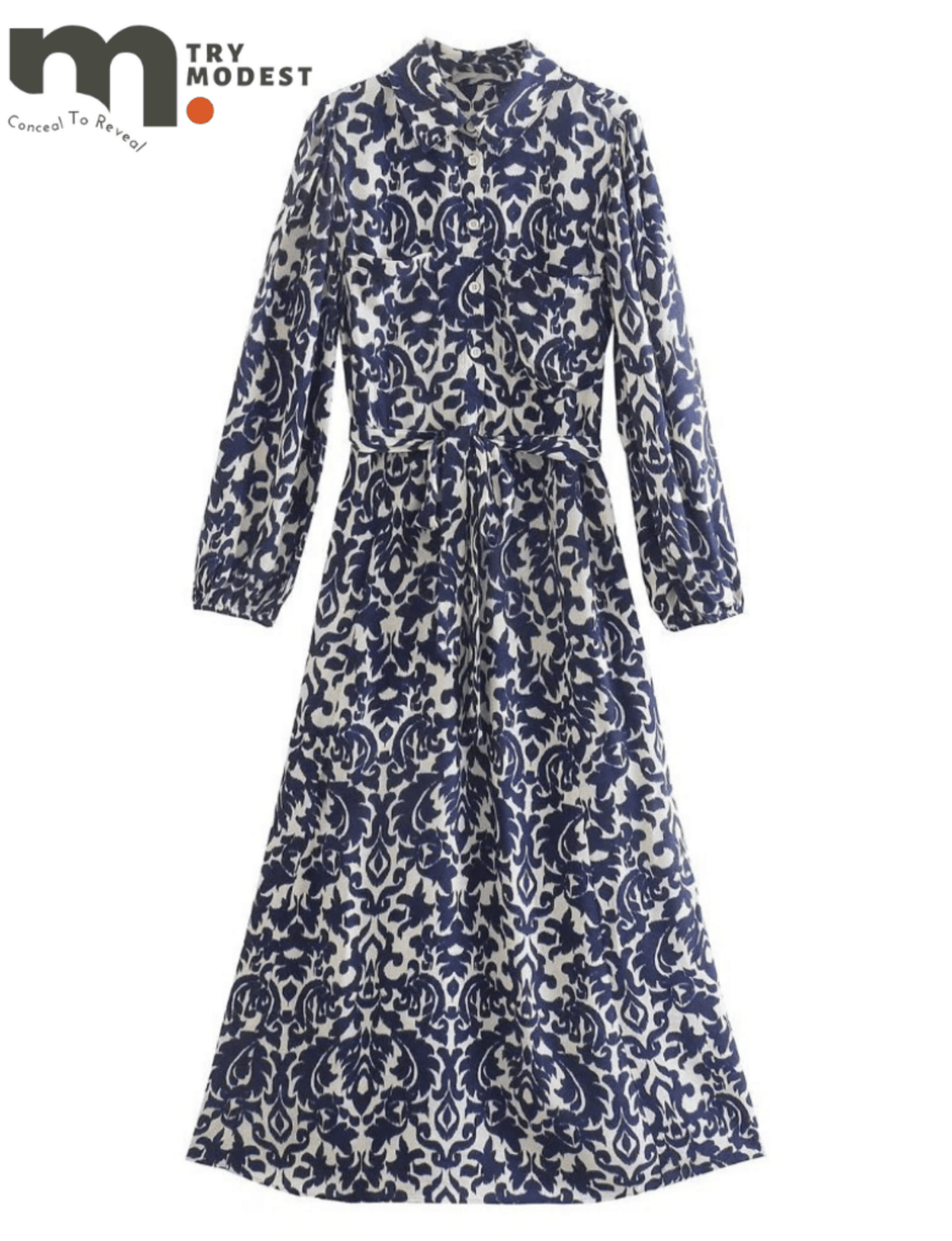 Women's Fashion Blue & White- Dresses - Try Modest Limited