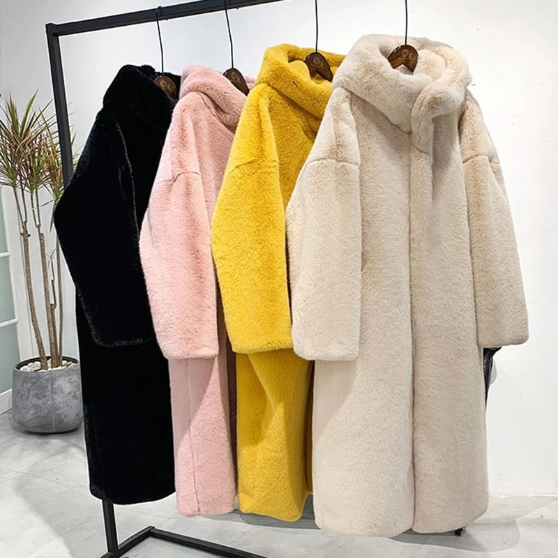 Women's Hooded Rabbit faux fur Long coat Thick and warm - Try Modest Limited