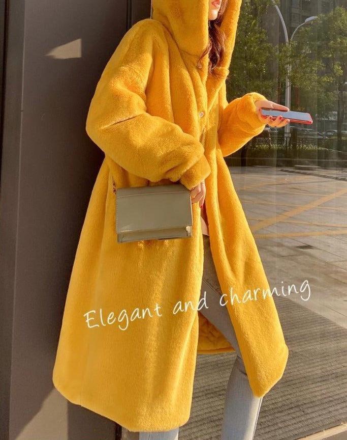 Women's Hooded Rabbit faux fur Long coat Thick and warm - Try Modest Limited