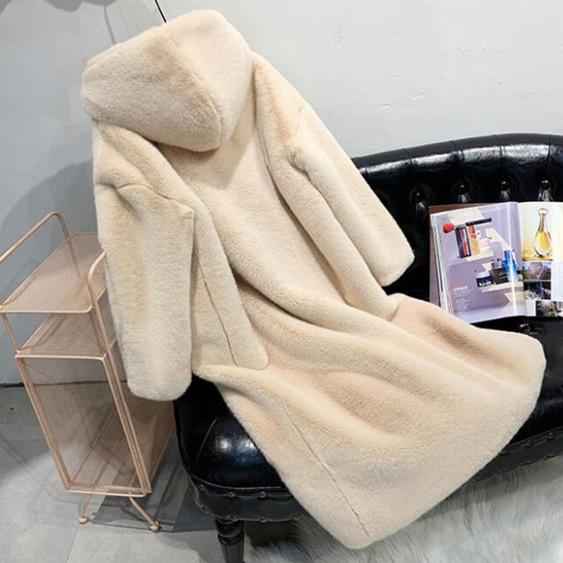 Women's Hooded Rabbit faux fur Long coat Thick and warm - Try Modest Limited