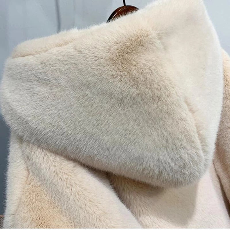Women's Hooded Rabbit faux fur Long coat Thick and warm - Try Modest Limited