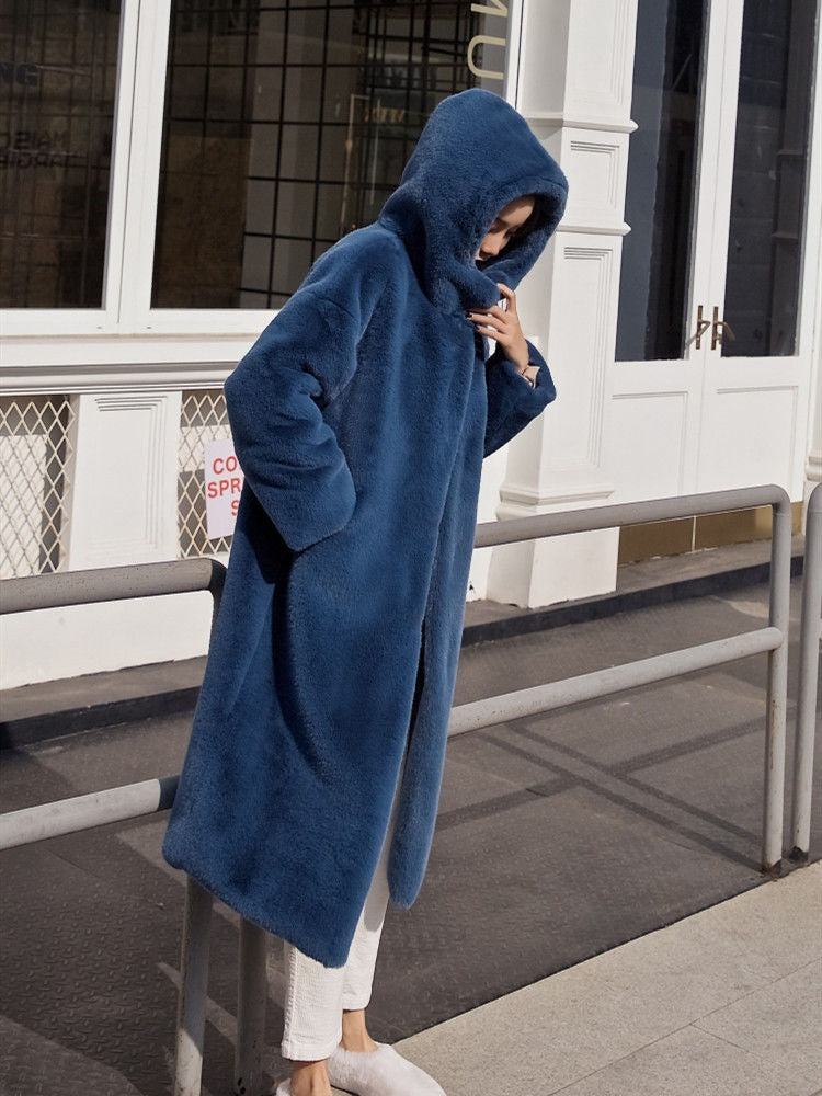 Women's Hooded Rabbit faux fur Long coat Thick and warm - Try Modest Limited