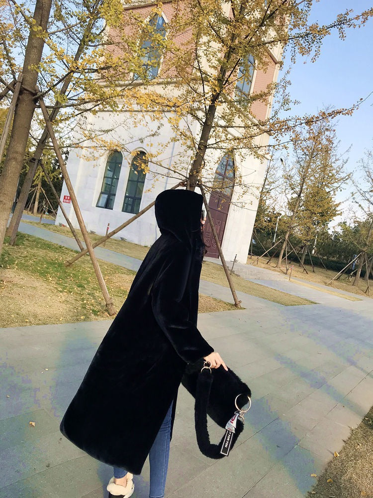 Women's Hooded Rabbit faux fur Long coat Thick and warm - Try Modest Limited