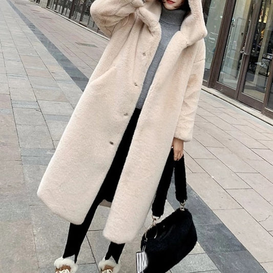 Hooded rabbit faux fur coat