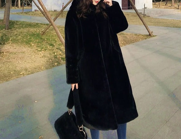 Women's Hooded Rabbit faux fur Long coat Thick and warm - Try Modest Limited