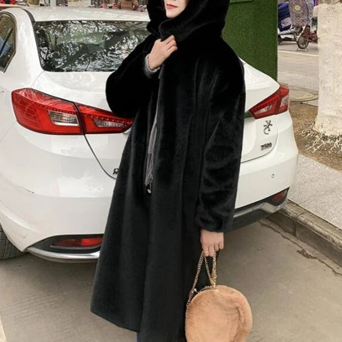 Women's Hooded Rabbit faux fur Long coat Thick and warm - Try Modest Limited