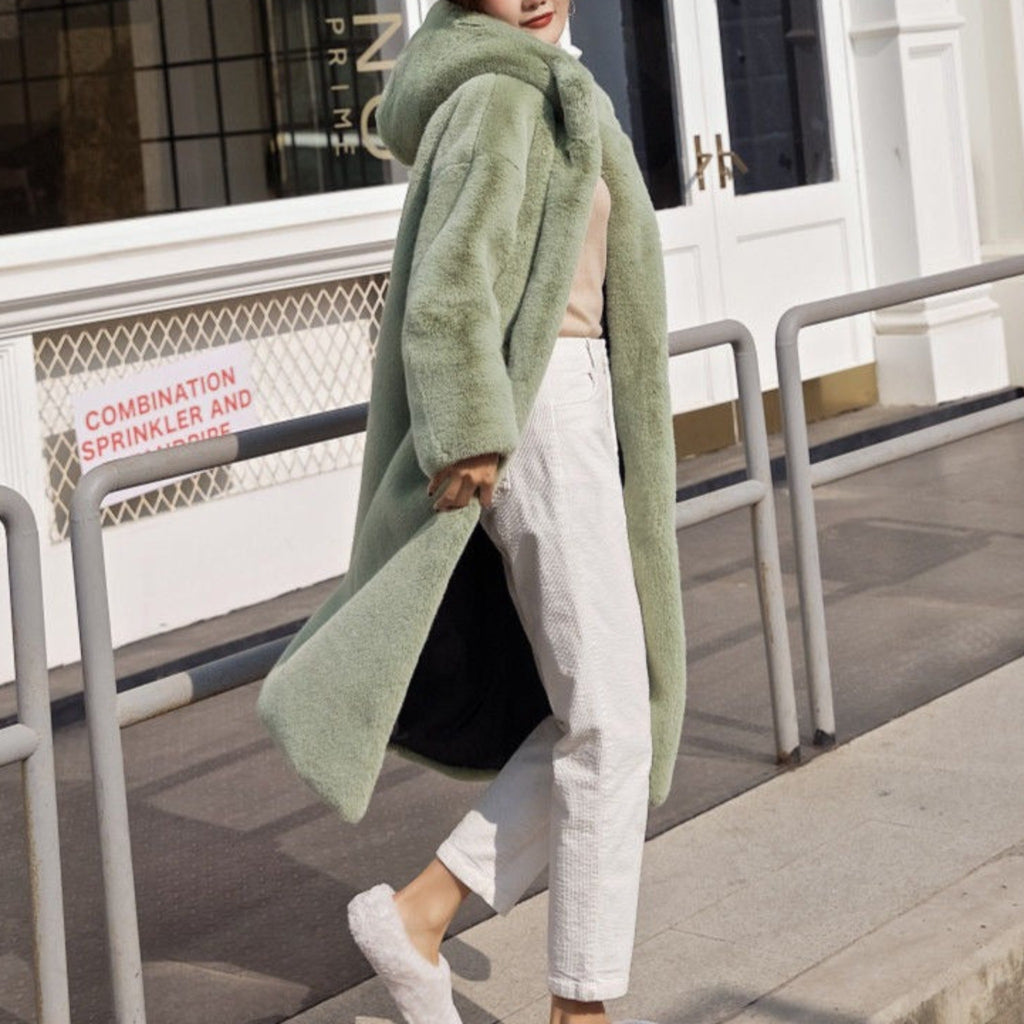 Women's Hooded Rabbit faux fur Long coat Thick and warm - Try Modest Limited
