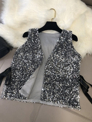 Women's Stylish Silver sparkling V-Neck sequin vest - Try Modest Limited