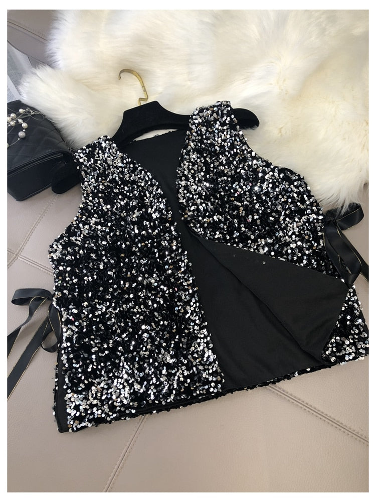 Women's Stylish Silver sparkling V-Neck sequin vest - Try Modest Limited