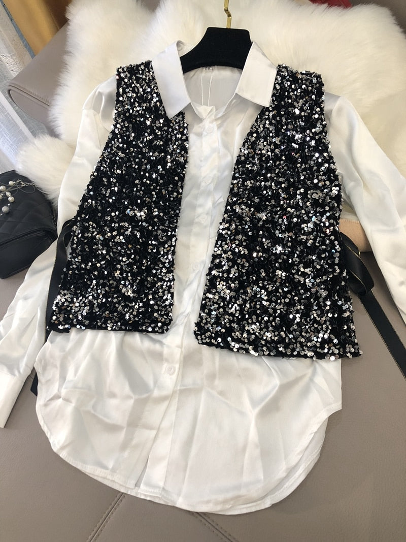 Women's Stylish Silver sparkling V-Neck sequin vest - Try Modest Limited