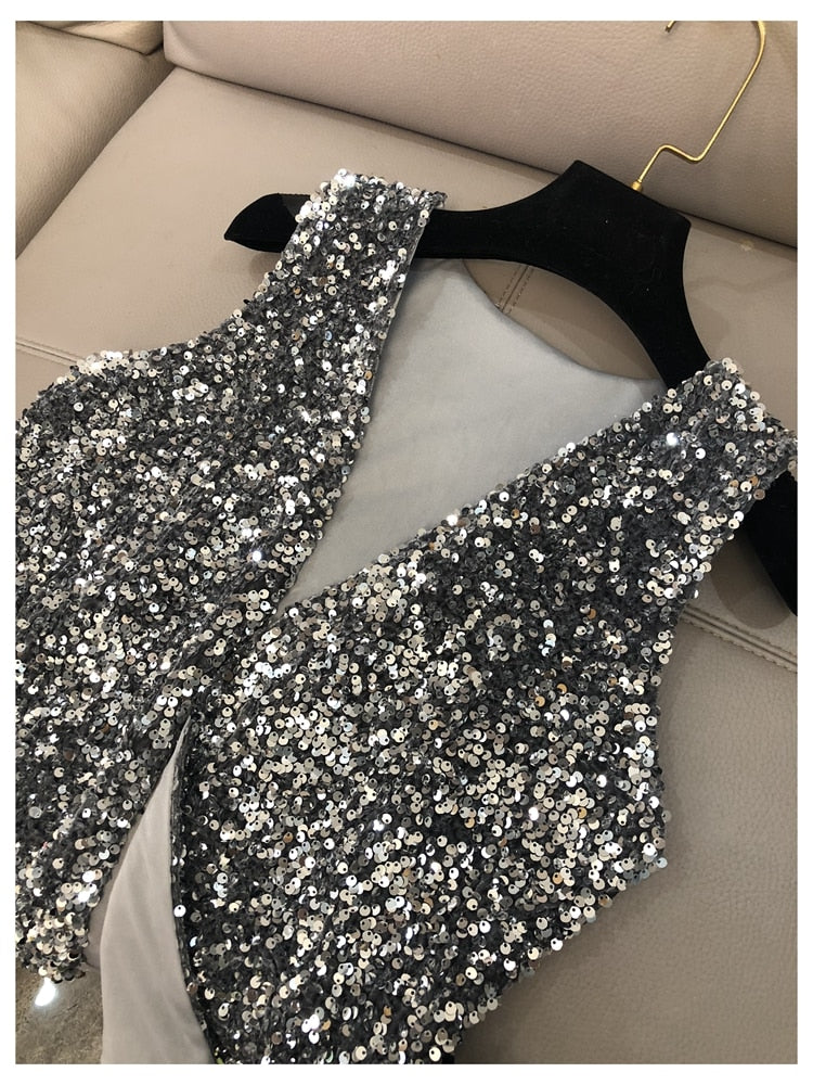 Women's Stylish Silver sparkling V-Neck sequin vest - Try Modest Limited