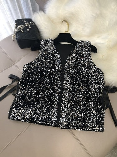 Women's Stylish Silver sparkling V-Neck sequin vest - Try Modest Limited