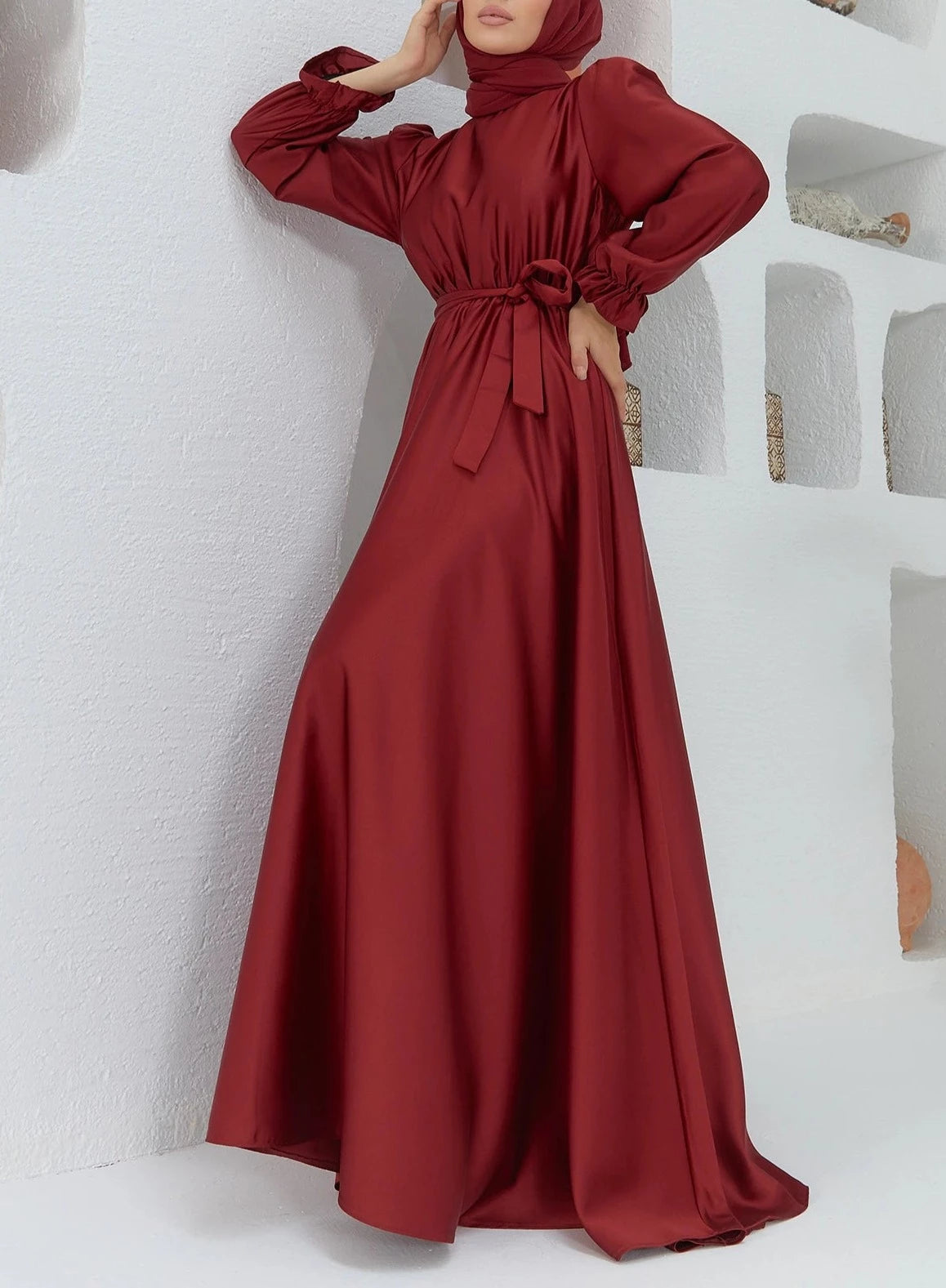 Belted satin evening dress - Try Modest Limited 
