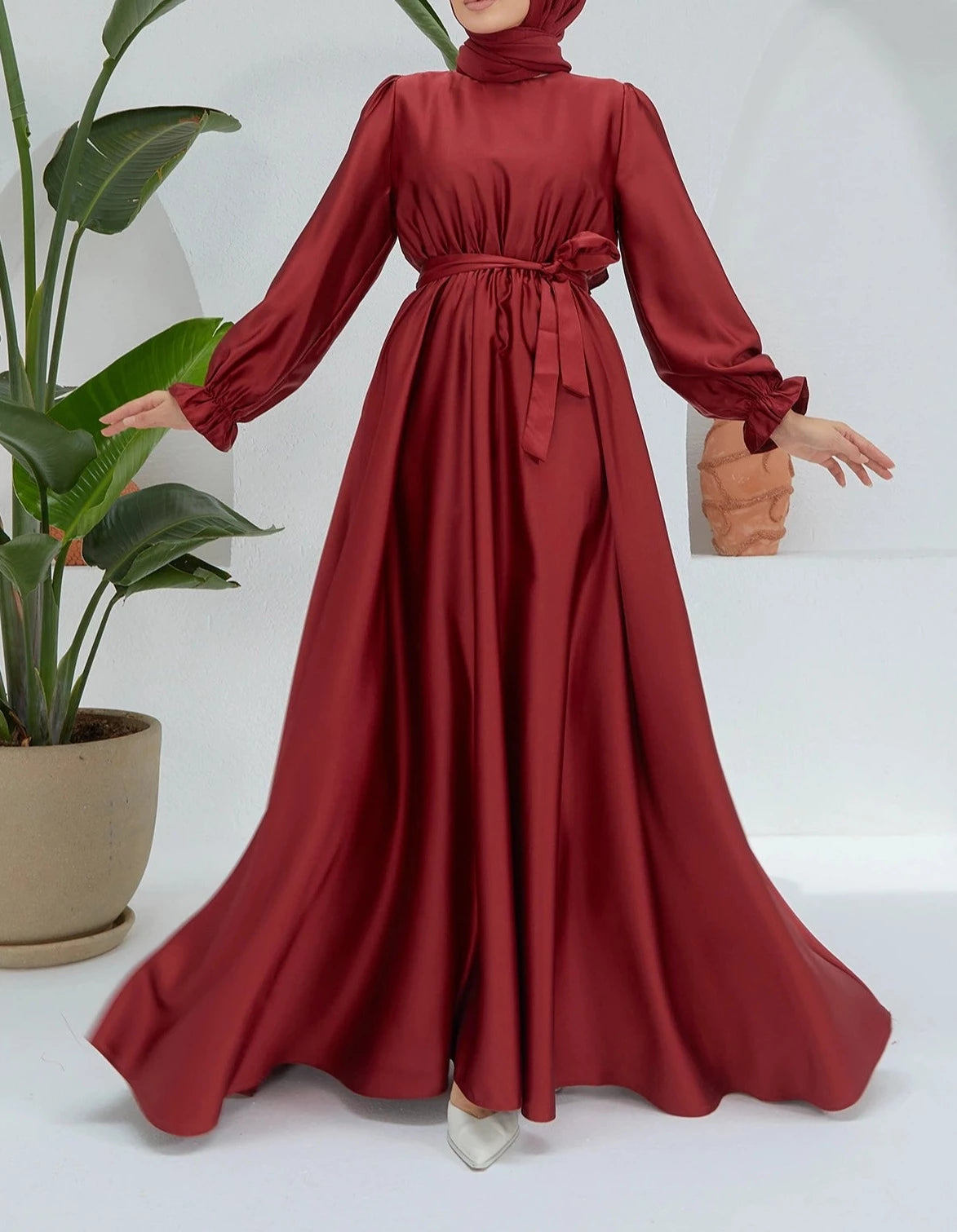 Belted satin evening dress - Try Modest Limited 