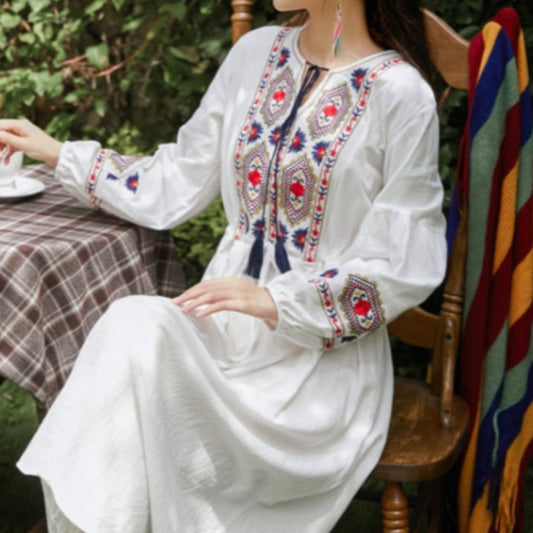 Bohemian style V-Neck Holiday embroidered dresses - Try Modest Limited 