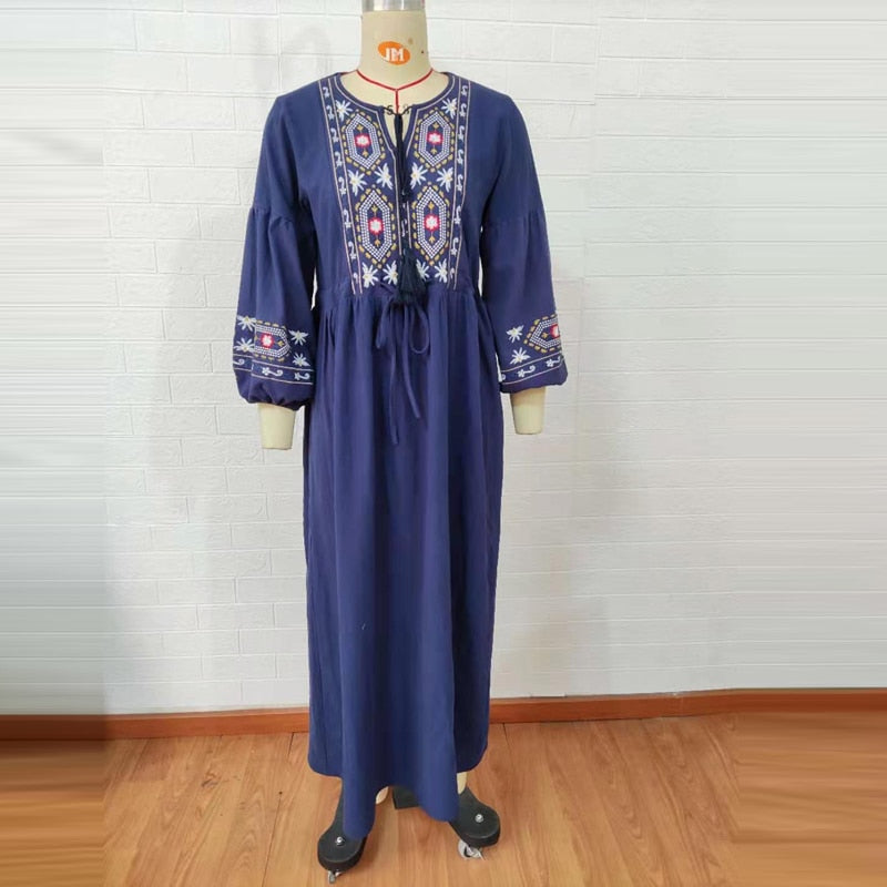 Bohemian style V-Neck Holiday embroidered dresses - Try Modest Limited 
