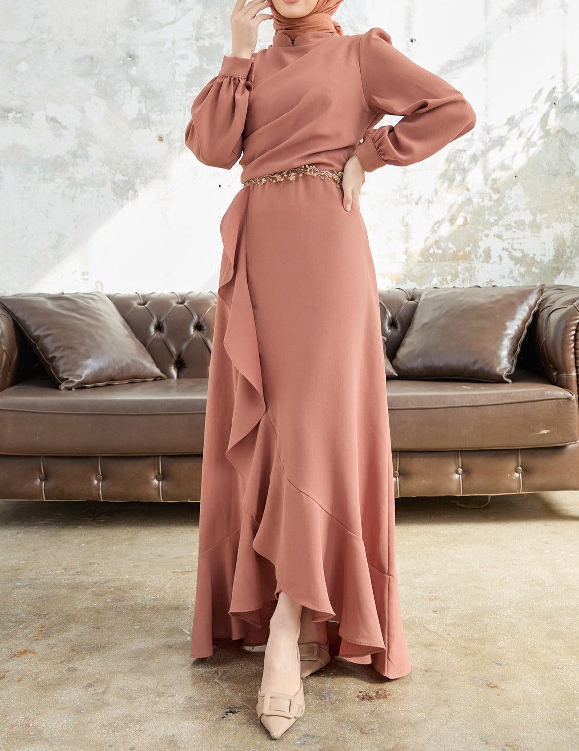 Camel Flared modest evening dress - Try Modest Limited 