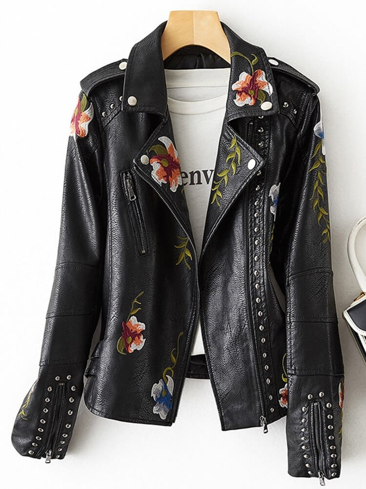 Embroidered Fuax Leather Jacket Try Modest Limited 