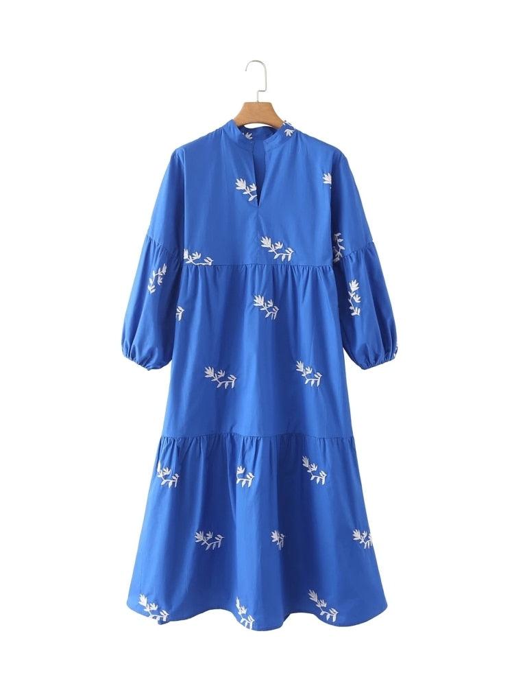Flower Embroidered Lantern Sleeve Blue Summer Dress - Try Modest Limited 