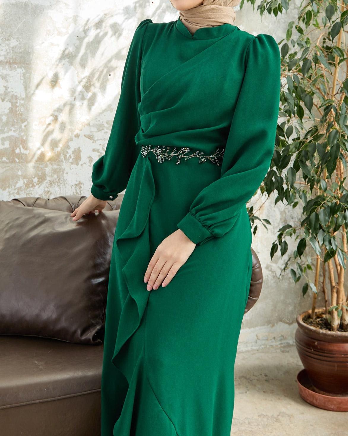 Green Flared modest evening dress - Try Modest Limited 