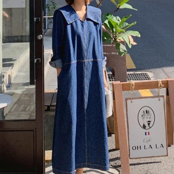 New Denim dress with big turn-down collar - Try Modest Limited 
