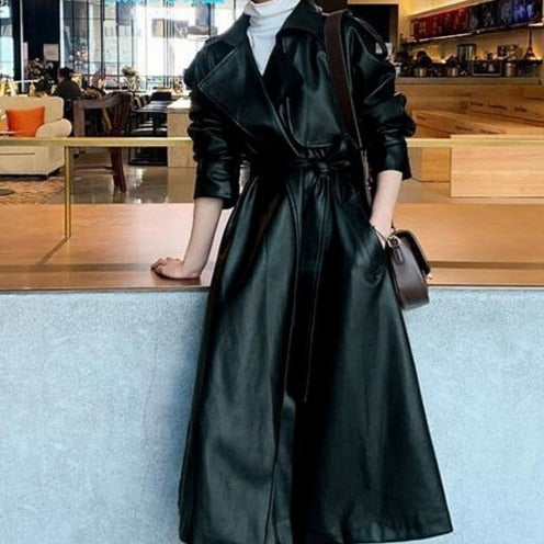 Oversized Long Waterproof Leather Trench Coat - Try Modest Limited 