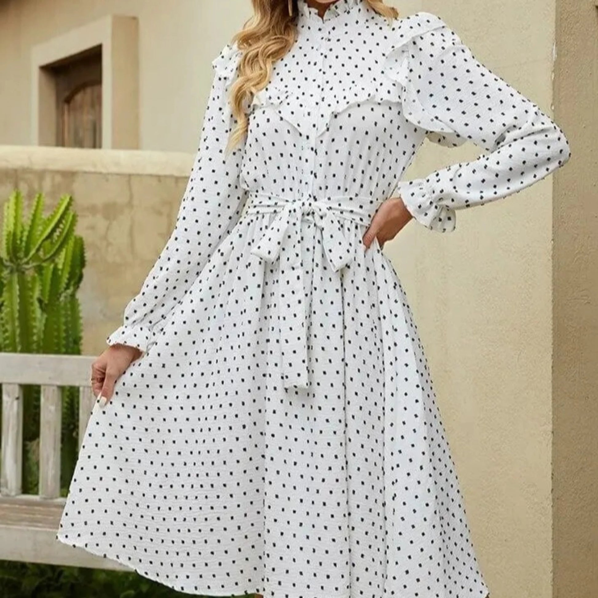 Polka dot A line dress- Full sleeve autumn dress Try Modest Limited