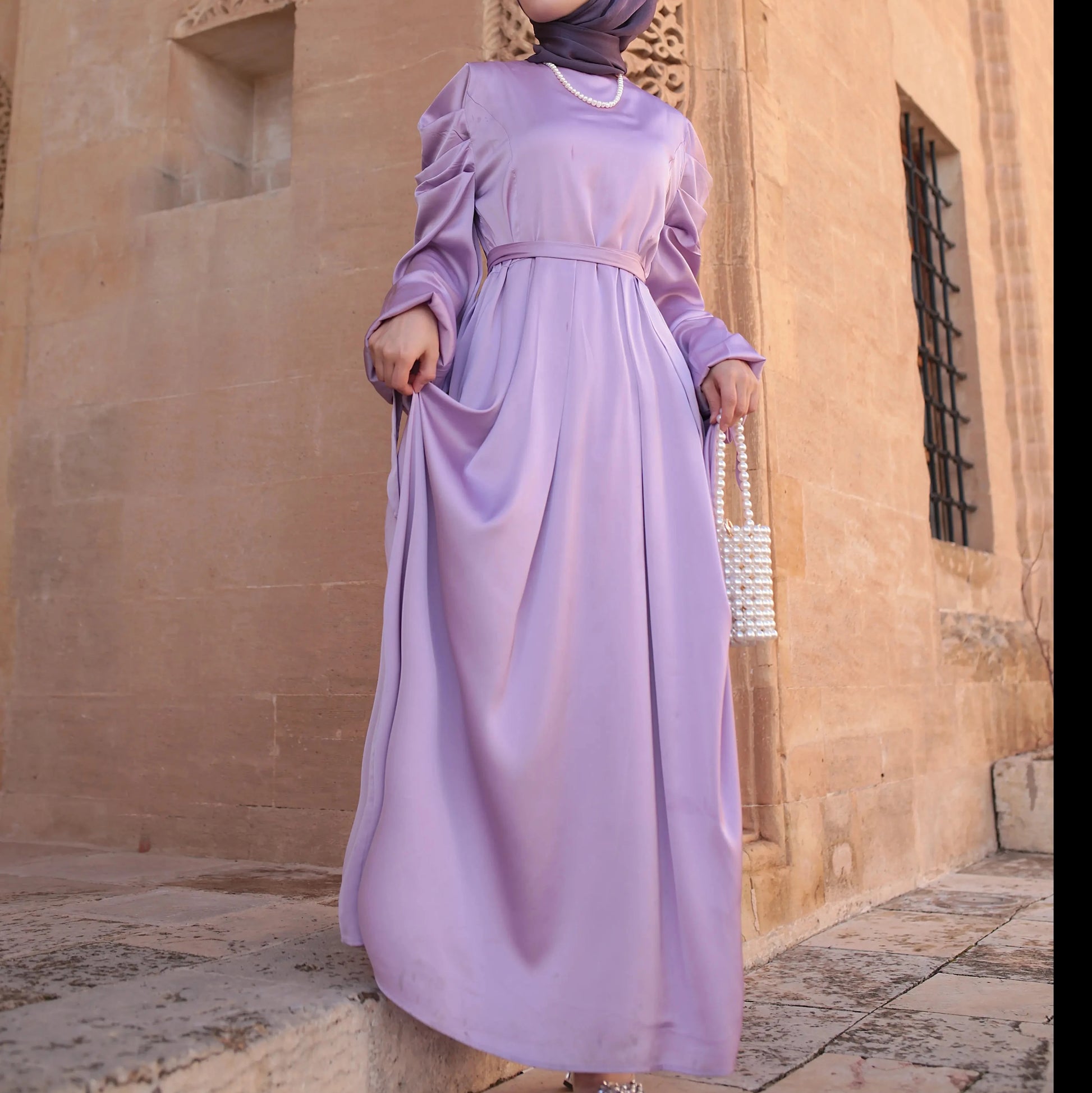 Ribbon-style evening dress with Balloon sleeve style - Try Modest Limited 