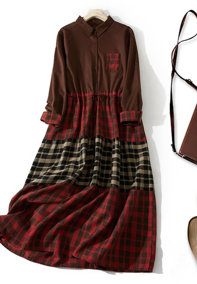 Vintage style plaid pattern Loose waist maxi dress - Try Modest Limited 