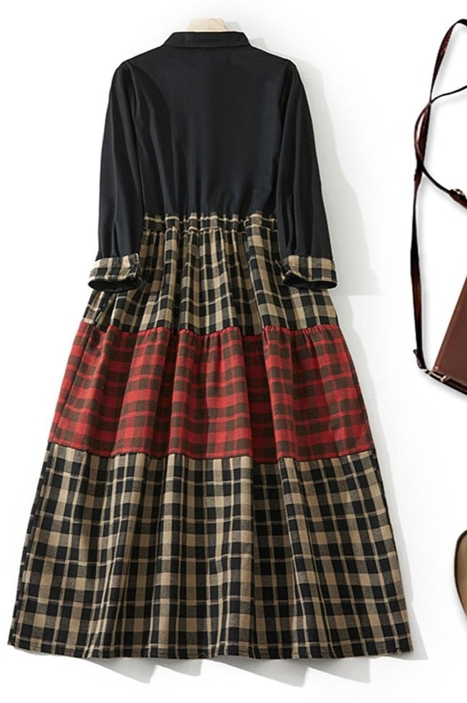 Vintage style plaid pattern Loose waist maxi dress - Try Modest Limited 